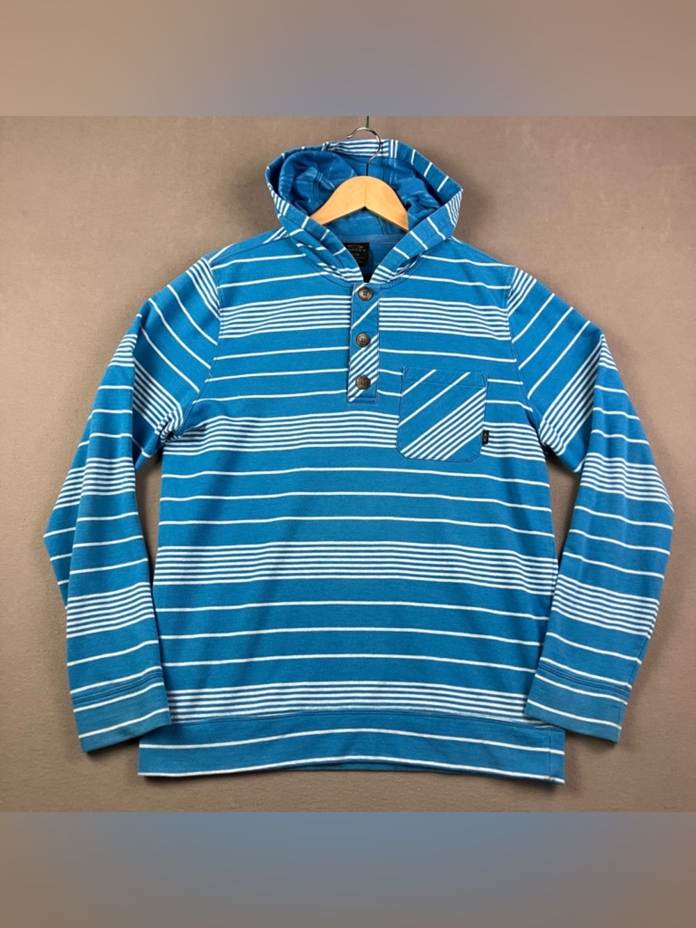 Oakley Men’s Size M Henley Pullover Hooded Long Sleeve Shirt Striped Blue White